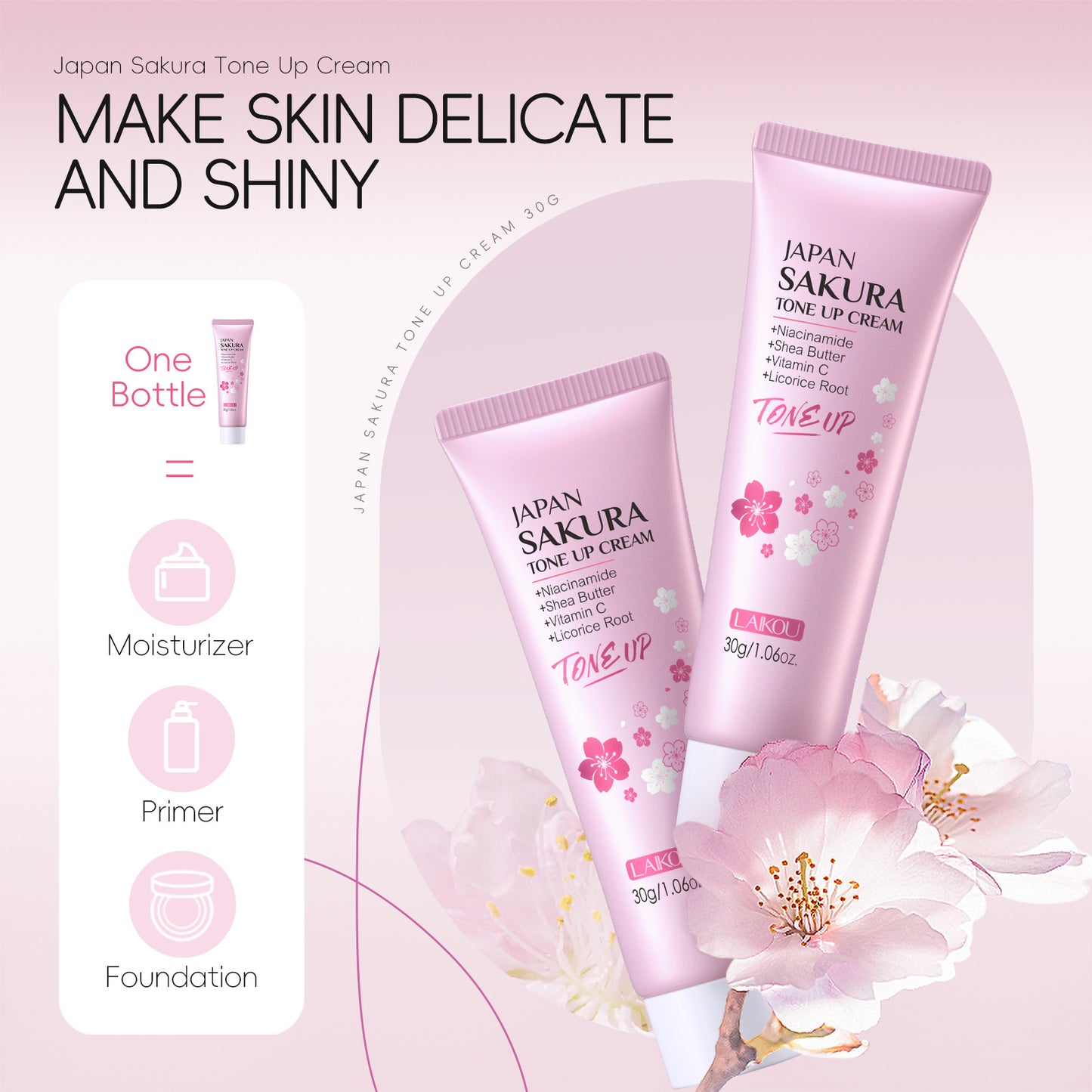 LAIKOU Sakura Tone UP Cream Even Light Beige Primer, Moisturizer Long Lasting Waterproof 1.06oz/30g