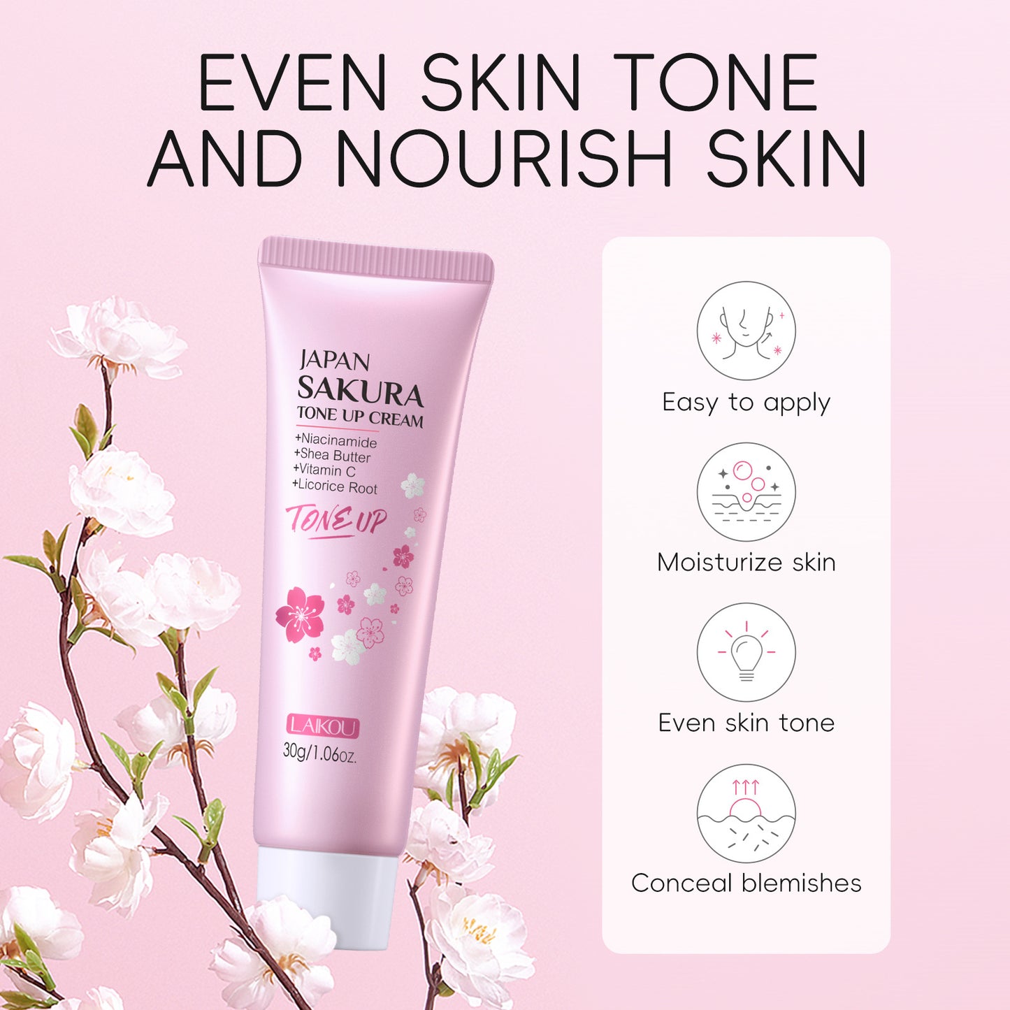 LAIKOU Sakura Tone UP Cream Even Light Beige Primer, Moisturizer Long Lasting Waterproof 1.06oz/30g