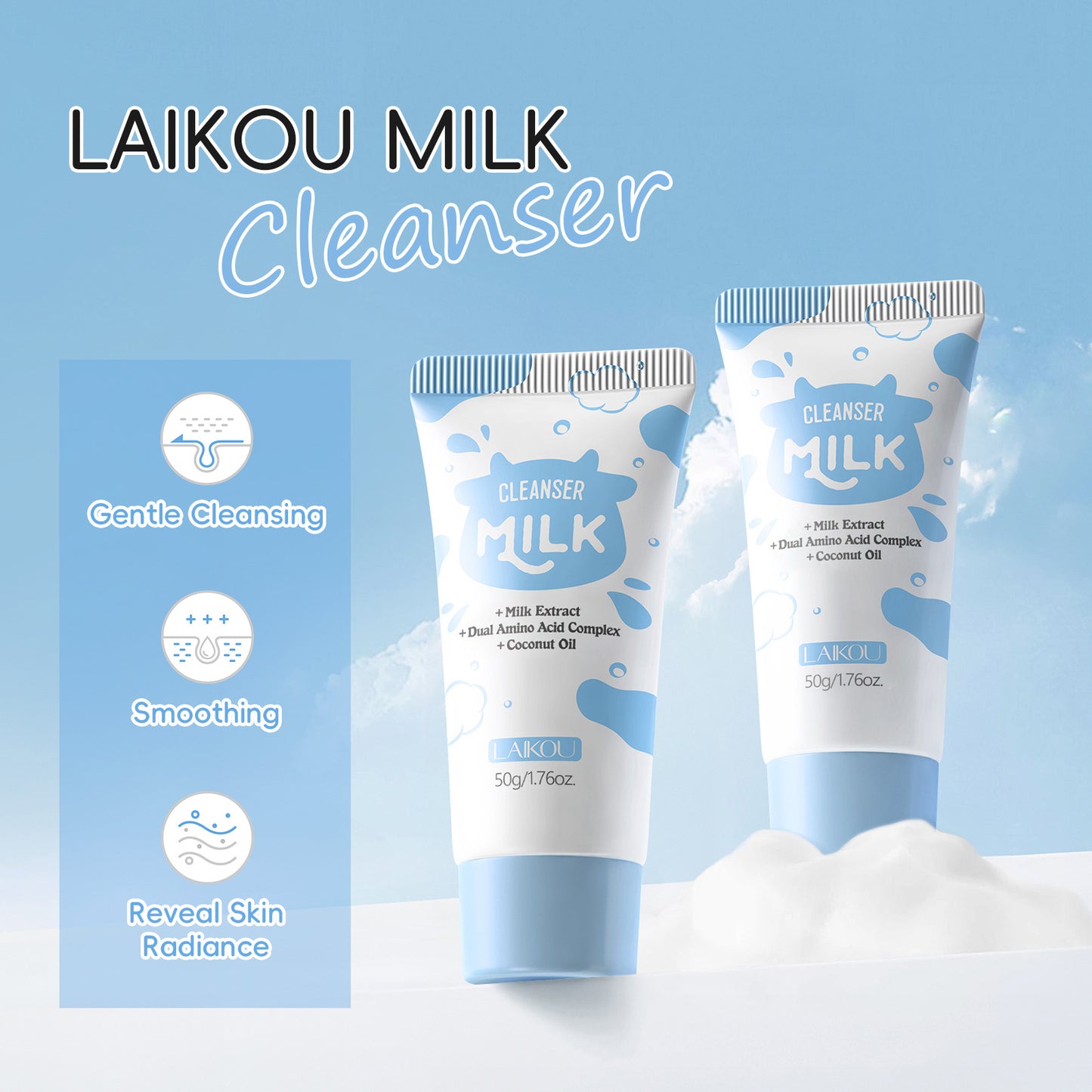 LAIKOU Gentle Milk-Based Facial Cleanser 50g, Effectively Cleanses The Face, Unclogs Pores And Removes Oil, Features a Soft Foaming Texture